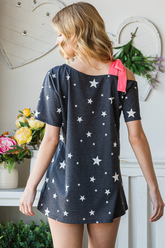 Heimish Full Size Star Print Asymmetrical Neck Short Sleeve Top
