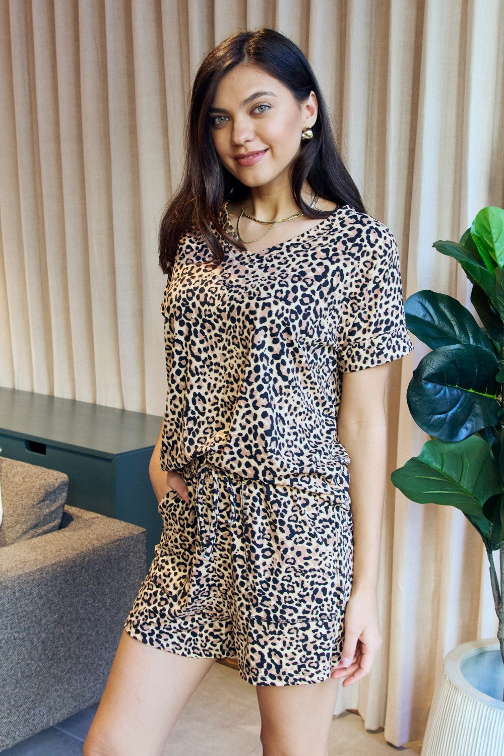 Zenana Full Size Leopard V-Neck Top and Drawstring Shorts Lounge Set