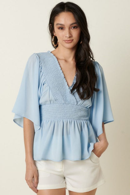 Mittoshop R.S.V.P. Full Size Run Flare Sleeve Peplum Blouse in Blue
