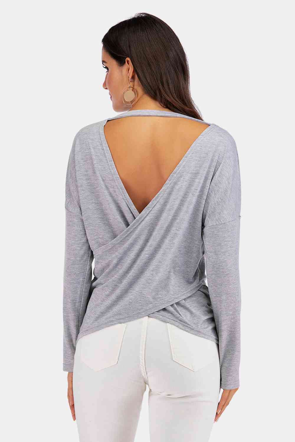 V-Neck Drop Shoulder Open Back Sweatshirt